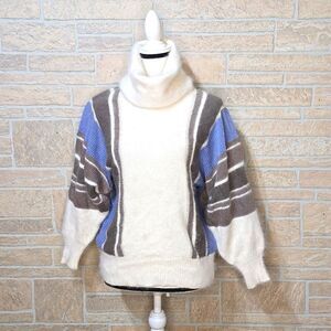 LOUIS FÈRAUD Angora Wool Batwing Sweater Polo Neck Turtle Neck Striped Blue Gray
